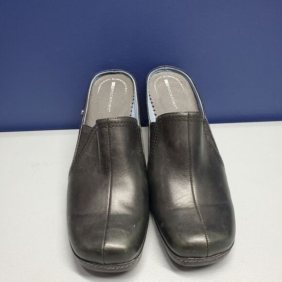 Rockport Wedge Mules Clogs Womens Size 7.5 Black Leather Square‎ Toe Slip On - Picture 2 of 15